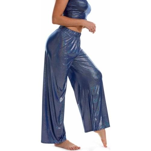 Summer Elastic Waist Loose Casual Metallic Trousers Shiny Women Wide Leg Pants Femme Long Straight Pants Streetwear