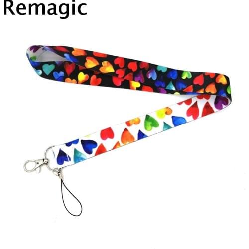 20pcs Rainbow color heart Neck Strap Lanyards ID badge card holder keychain Mobile Phone Strap Gifts webbings ribbons