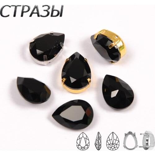 Black Pear Drop Sew On Rhinestone Crystal pointed back Rhinestone Gold Base with Setting Claw DIY Garments Clothing Dress