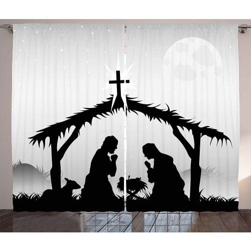 Black Curtains Nativity Scene Silhouettes Barn Bethlehem Joseph Mary Living Room Bedroom Home Window Decor