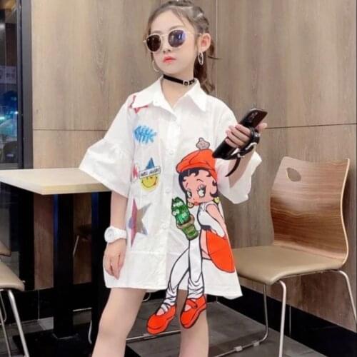 Korean Style Kids Shirts Teenagers Summer Tops Long Shirts for Teenage Girls 2021 Teen White Yellow Blouse 12 14 Years Clothes