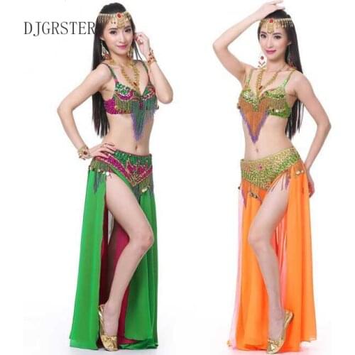 DJGRSTER Costumes Outfit 2-3pcs Bra&Waist Belt skirt BellyDance Professional 2Color Traje Danza Del Vientre Bollywood Costumes