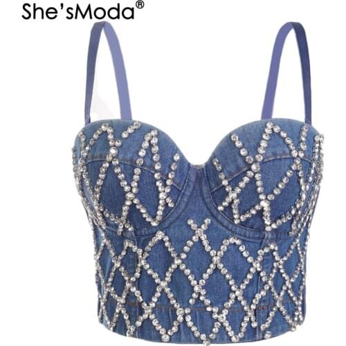 ShesModa Denim Jeans Diamonds Womens Bustier Bra Night Club Party Cropped Top Vest Plus Size
