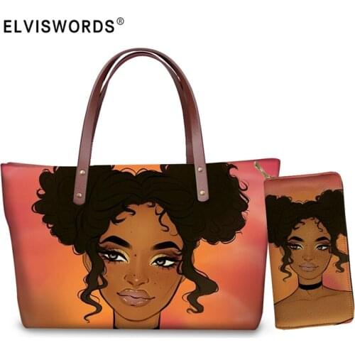 ELVISWORDS Women Purse and Handbags Set Black Art African Girl Printing Shoulder Bags For Female Large Totes Bags Bolsos Mujer