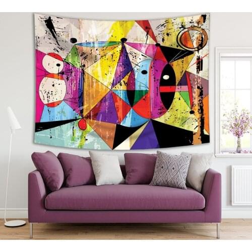 Tapestry Abstract Art with Circles Triangles Stripes Paint Strokes Splashes Yellow Purple Fuchsia Black Print