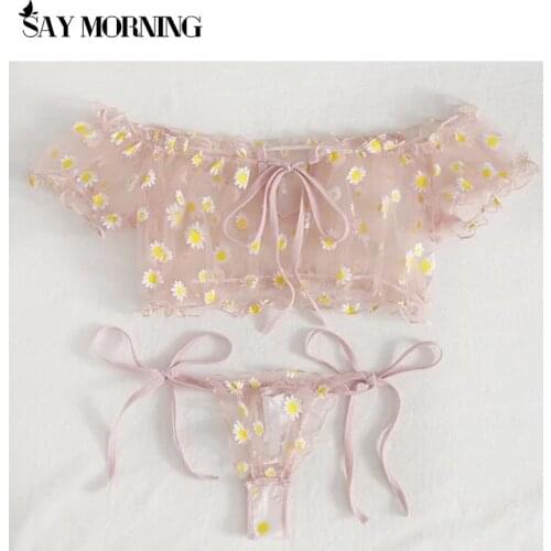 SAY MORNING Sexy Lace Bra Set Womens Underwear Swiss Dot Off Shoulder Ruffle Lingerie Set Bandage-style Panties Low Cut Thong