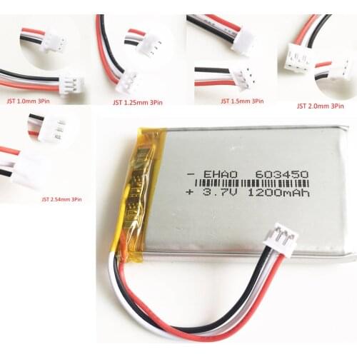 3.7V 1200mAh Lithium Polymer LiPo Rechargeable Battery JST 1.0/1.25/1.5/ 2.0/2.5 3pin connector F PAD camera GPS Speaker laptop