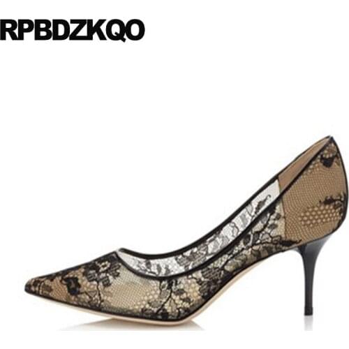 Mesh Ladies 2017 Black 3 Inch Pumps Scarpin Size 4 34 New Medium Embroidered High Heels Shoes Pointed Toe Fashion Chinese Spring