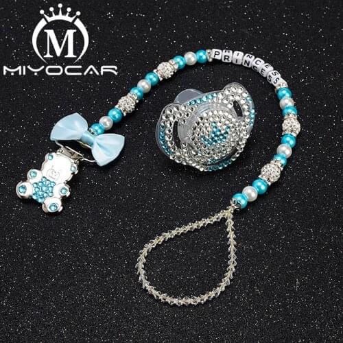 MIYOCAR custom name bling bear pacifier clip personalized pacifier holder dummy clii with bling pacifier set unique gift SP005