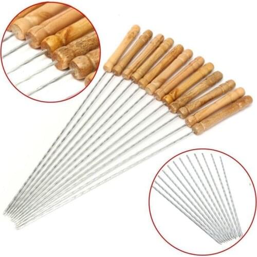 12pcs/set Reusable BBQ Skewers With Wooden Handle 30CM Barbecue Needle Wood Stainless Steel Flattened Rounded Sign Optional Meat