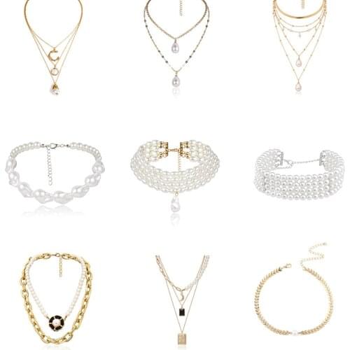 Punk Multilayer Imitation Pearl Metal Necklace Baroque Chunky Flower Pendent Choker Chain Hot Sell Women Necklace Jewelry