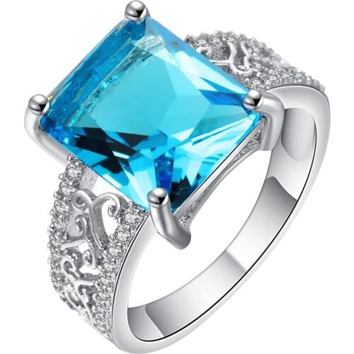 Summer new silver-color jewelry rings for women Luxury Bijouterie large square cz sky blue engagement jewelry women Bague rings