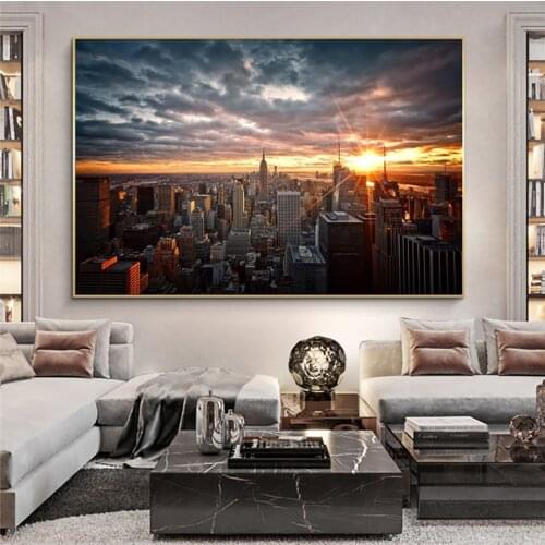 New York City Manhattan Skyline Sunset Landscape Painting Art Posters and Prints Pictures on the Wall Home Decor