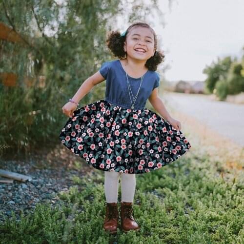 Girls dress denim color stitching floral color middle and small childrens skirts Europe and America girls clothes
