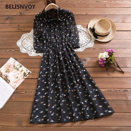 Chiffon Floral Printed Women Dress Bow High Waist Elegant Chic Female Retro Vestidos Elastic Waist A-line Summer Midi Dress