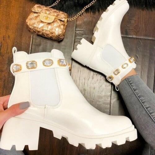 Womens Ankle Boots Rhinestones Fashion PU Slip On Chelsea Boots Chunky Heels Platform Autumn Shoes Ladies Shoe New Fashion 2021