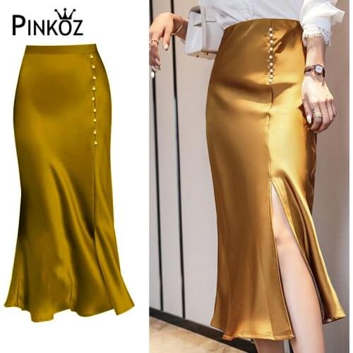 Pinkoz golden satin midi skirt women slimy mermaid buttons split elegant office lady high waist zevity jupe faldas female skirts
