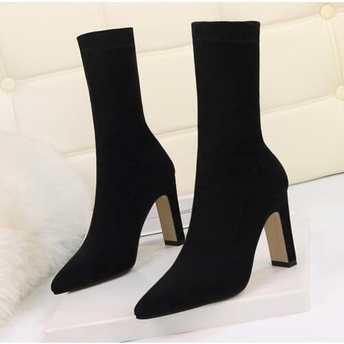 Plus Size High Heel Boots Women Mid-calf Boots 2020 Sexy Pointed Toe Thick Heel Sock Boots Female Winter Boots Shoes Woman