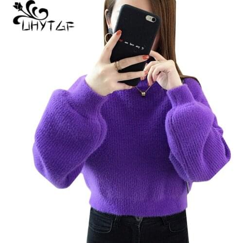 UHYTGF Women long sleeve sweaters Knit pullover turtleneck mink cashmere Winter sweater female High waist casual short tops 952