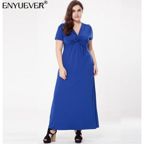 Enyuever Long Royal Blue Evening Dress 4XL Plus Size Women Clothes Short Sleeve V Neck High Waist Maxi Formal Party Dinner Dress