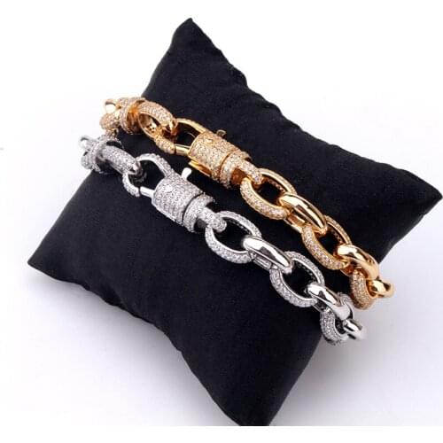11.5mm Hip Hop Hipster Cuban Chain Bracelet AAA Cubic Zirconia Paved Spring Button Bling Iced Out O Shape Link Chain Bangle