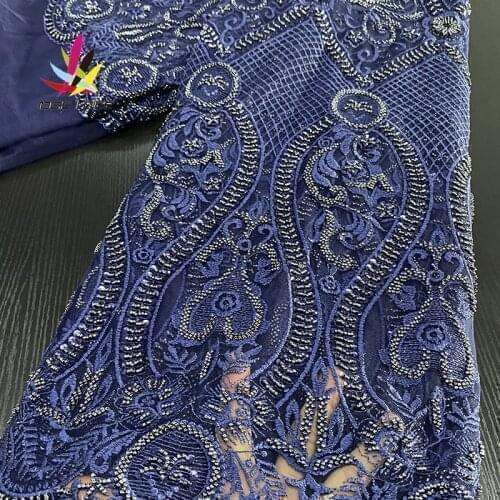 African Mesh Handmade Beaded Lace Fabric 2020 High Quality French Net Tulle Lace Fabrics Nigerian Navy Blue Lace