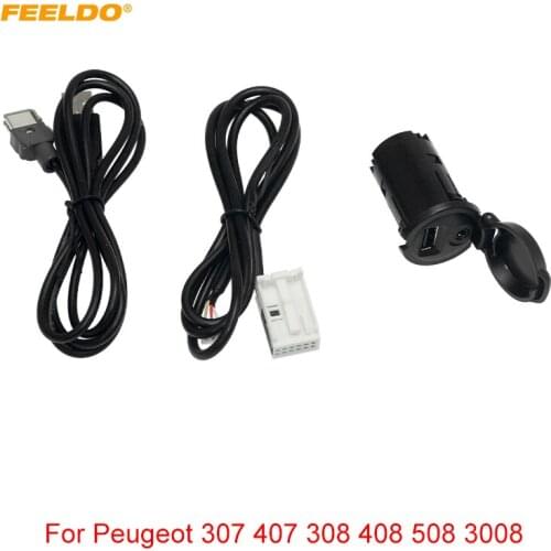 FEELDO Car Stereo AUX USB Switch Panel 12Pin+4pin USB AUX Audio Cable For Peugeot 307 407 308 408 508 3008 AUX Adapter