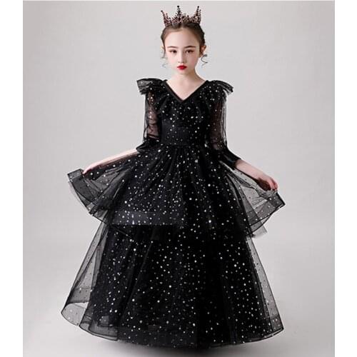 Flower Girl Dresses Three Quarter Illusion Sequined Princess Floor-Length Luxury Black V-Neck Lace Tulle Kids Party Gown H200