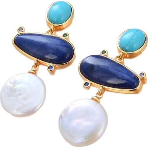 GG Jewelry natural Cultured White Coin Pearl Sodalite howlite gold color plated geometric shape stud Earrings for women