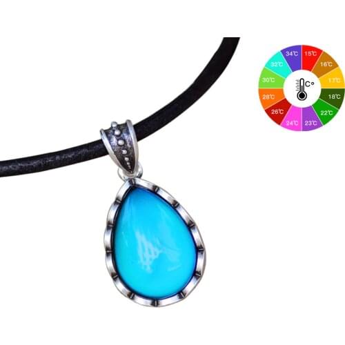 Mojo Classic Design Sterling Antique Silver Water Drop Shaped Mood Pendant Leather Rope Mood Color Change Necklace MJ-SNK003