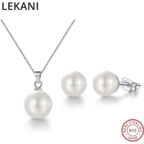 LEKANI Crystals From Swarovski Simulated Pearl Jewelry Sets For Women Wedding S925 Silver Pendant Necklace Stud Earrings Gifts
