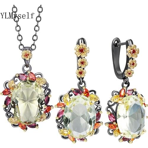 Beautiful Necklace/Earrings Sets With Big Oval LT Olivine Zircon Flower Design 2 Tone Plating 2pcs Jewelry Sets for Women