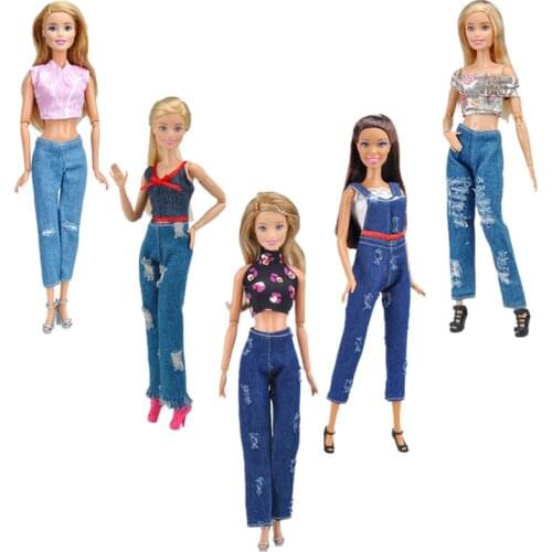 Fashion 11.5" Doll Outfits For Barbie Clothes Crop Top & Ripped Denim Pants Jeans Jumpsuit Trousers 1/6 BJD Dolls Accessory Toys