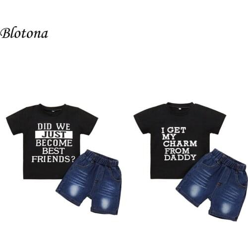 Blotona Fashion Baby Boys Clothes Set, Letter Print Short Sleeve O-neck T-shirt + Short Jeans for Summer, 6Months-4Years