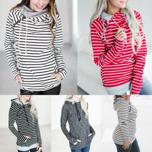 2020 ITFABS Newest Arrivals Fashion Hot Womens Pocket Casual Sweatshirt Hoodie Pullover Jumper Female Striped Tracksuit Top