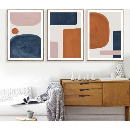 Abstract Shapes Posters and Prints Burnt Orange Blue Blush Pink Wall Art Mid Century Modern Canvas Painting Home Wall Decor