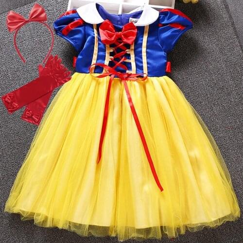 2 4 6 8 10 12 Years Girl Summer Snow White Tutu Cosplay Costume Knee Length Fancy Bow Dress with Headband Princess Party Clothes