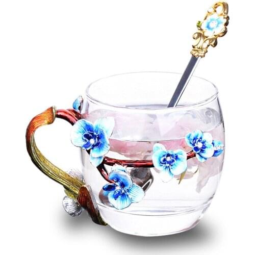 Enamel Color Handmade Glass Cups Peach Blossom and Rhinestones Decorated Design High-grade Drinking Glass Cups Mothers Gift