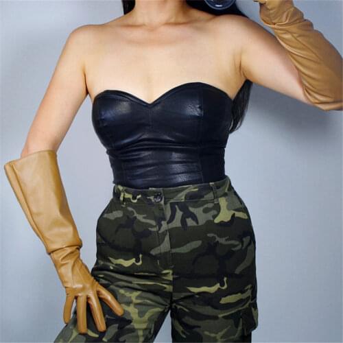 Extra Long Leather Gloves 50cm Over Elbow Simulation Leather Imitation Leather Sheepskin Khaki Camel Milk Tea Color PUTS50