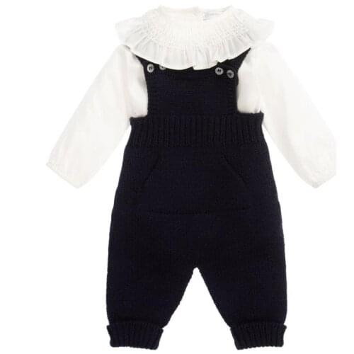 Baby boys girls vintage Spanish white cotton shirt+knitted sweater Overalls two piece sets