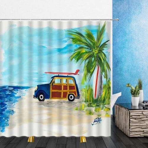 Cartoons Shower Curtains Retro Red Car Bus Summer Landscape 3D Print Bathroom Home Decor Waterproof Polyester Cloth Curtain Set