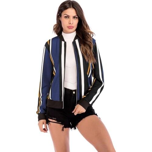 2021 Spring Summer Jackets Women Windbreaker Striped Print Long Sleeve Zip-up Casual Baseball Coats with Pocket Female Outerwear