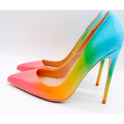 Free shipping fashion women Pumps lady rainbow shiny leather Pointy toe high heels shoes size33-43 12cm 10cm 8cm Stiletto heels