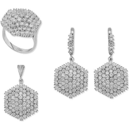 Silver Zircon Stone Hexagon Women 'S Set