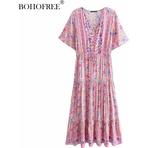 2021 Summer Dress Pink Floral Print Rayon Cootton Vestidos Casual Women Maxi Hippie Bohemian Long Dreses