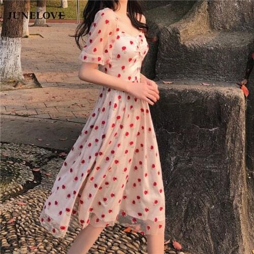 JuneLove Women Summer Elegant Point Lace Party Dress Vintage Lady France Style Midi Dress Casual Female High Waist Boho Vestidos