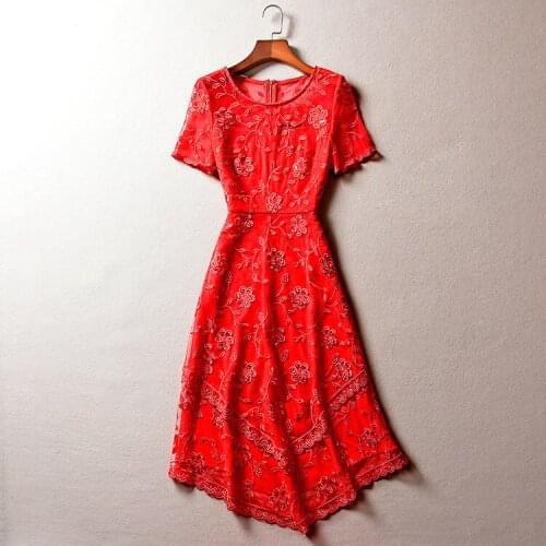 Vestidos De Fiesta 2021 Autumn Bride Mother Women O-Neck Allover Luxurious Embroidery Short Sleeve White Pink Red Dress Female