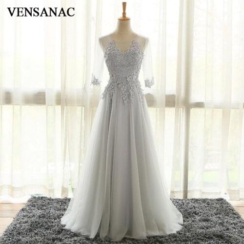 VENSANAC O Neck Appliques 2018 A Line Long Evening Dresses Elegant Lace Half Sleeve Backless Party Prom Gowns