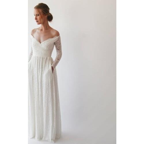 2021 Long Sleeve V-Neck Lace Pocket Pleats Tulle Bridal A-Line Wedding Dress Bridal Gown robes de mariées