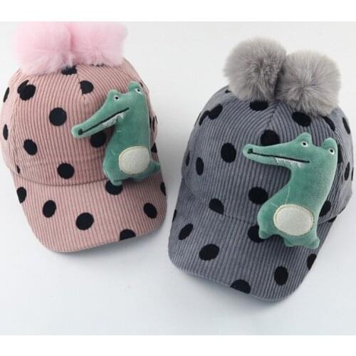 2021 Winter Cute Boys And Girls Cartoon Cute Little Dinosaur Corduroy Baseball Caps Ins Plush Ball Decor